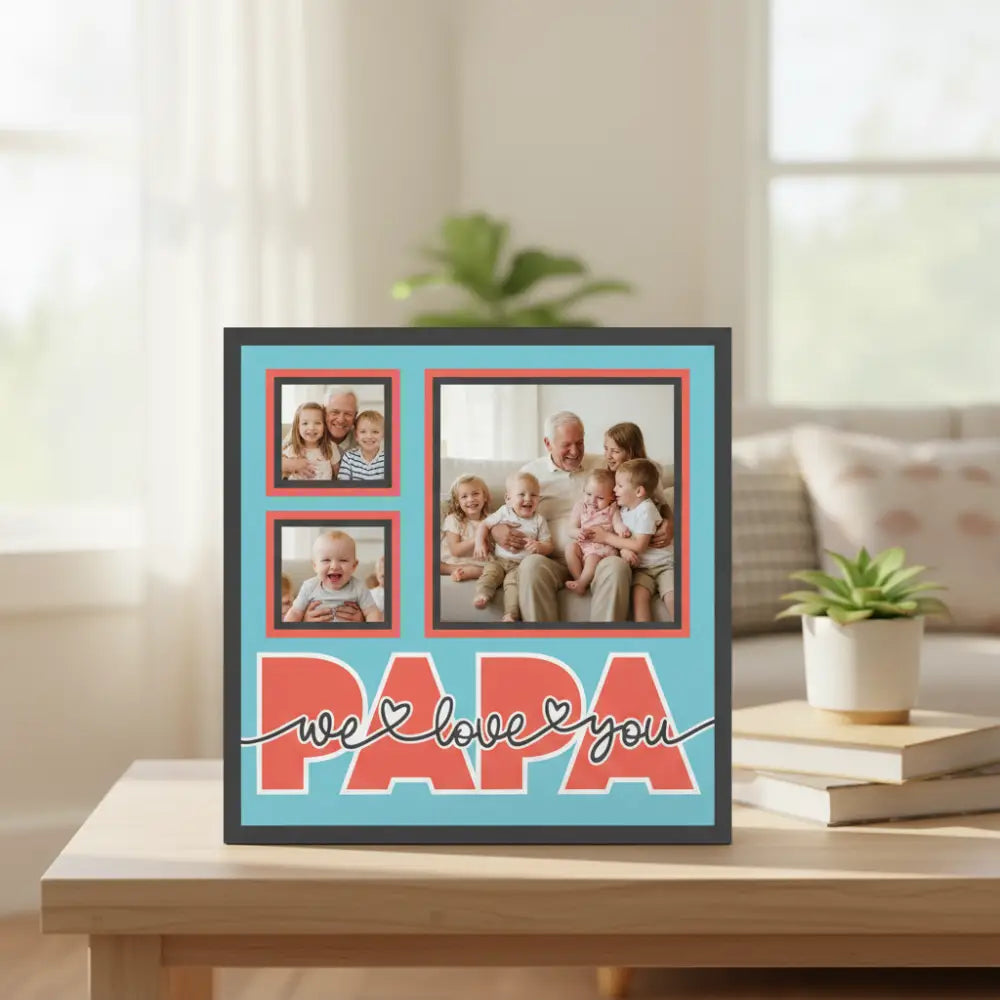 Design with photo frames and 'PAPA we love you' text on a blue background