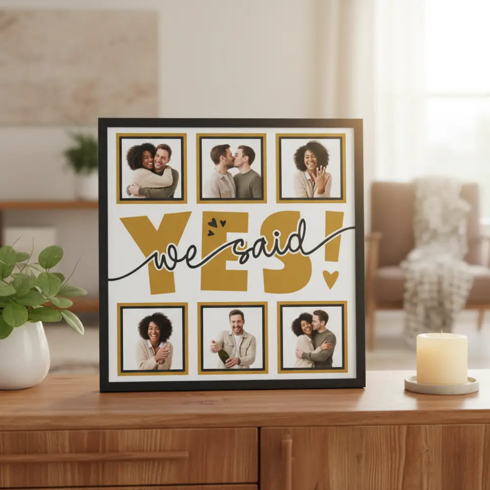 Decorative paper with 'YES! we said' text and frames on a white background
