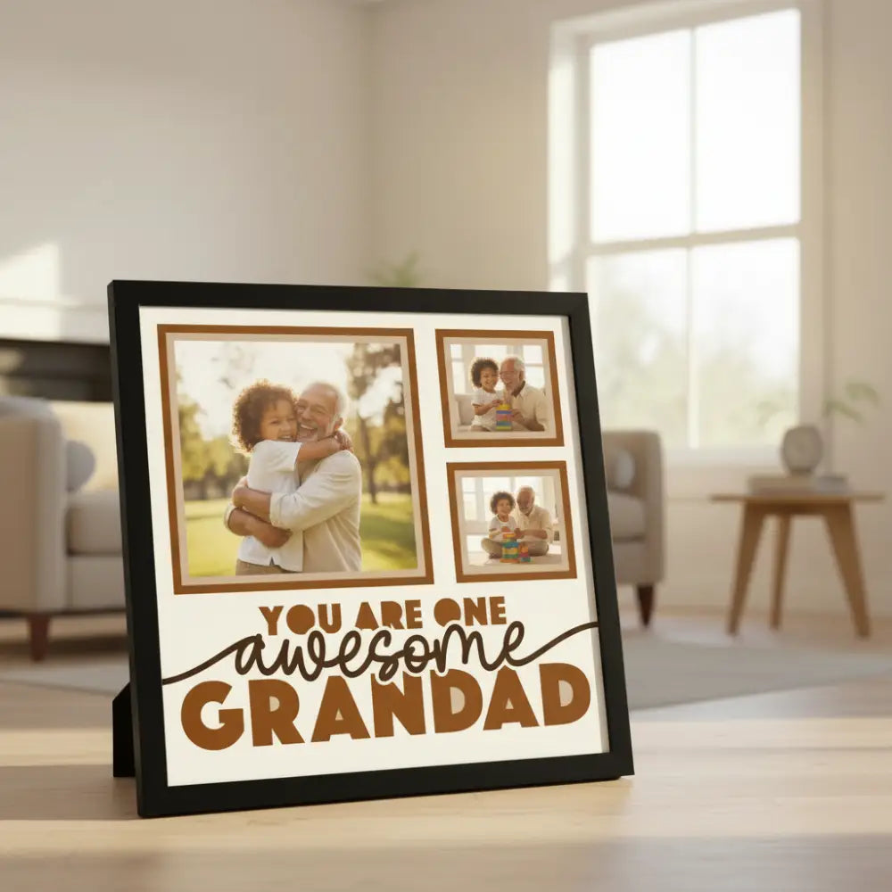 Decorative sign with 'You are one awesome grandad' text and three square frames.