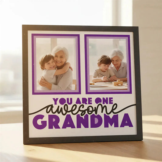 Two purple frames with text 'You are one awesome grandma' on a white background
