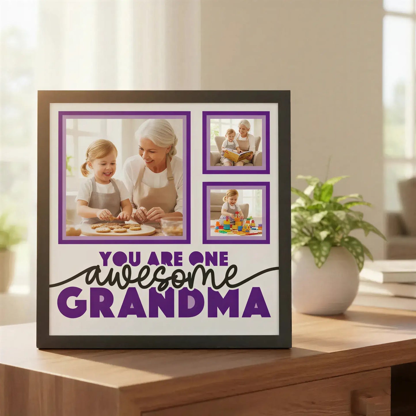 Decorative card with purple text 'You are one awesome grandma' and white frames.