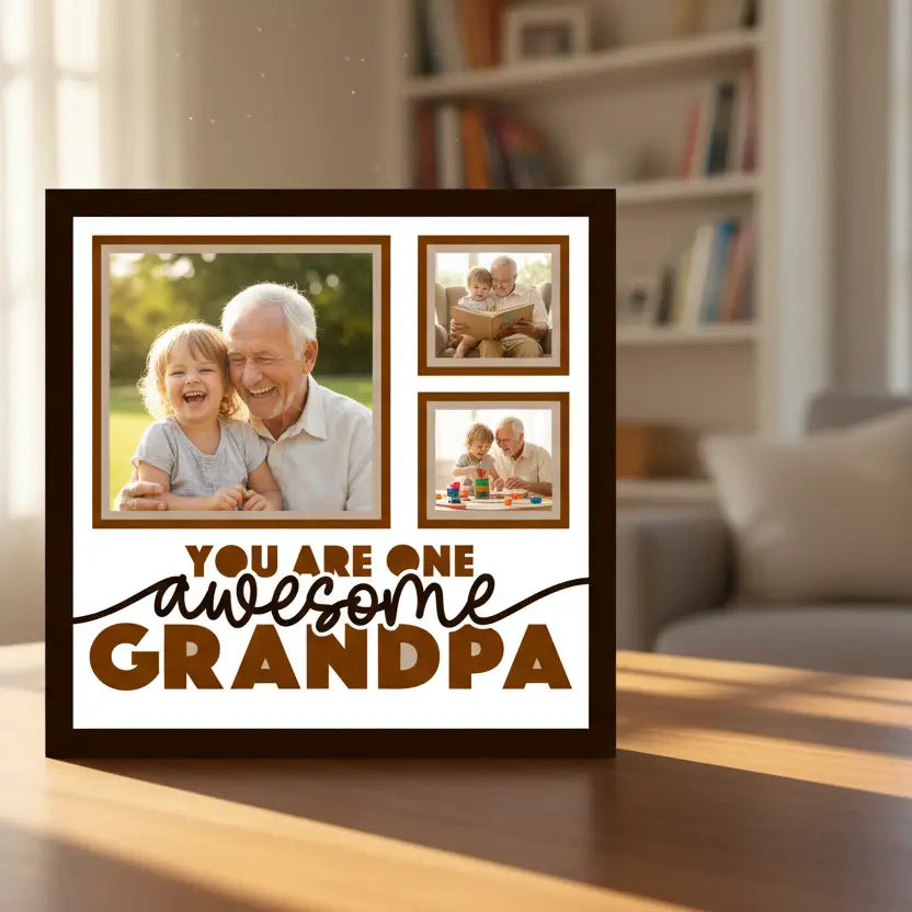 Decorative wall art with 'You are one awesome grandpa' text and three square frames.