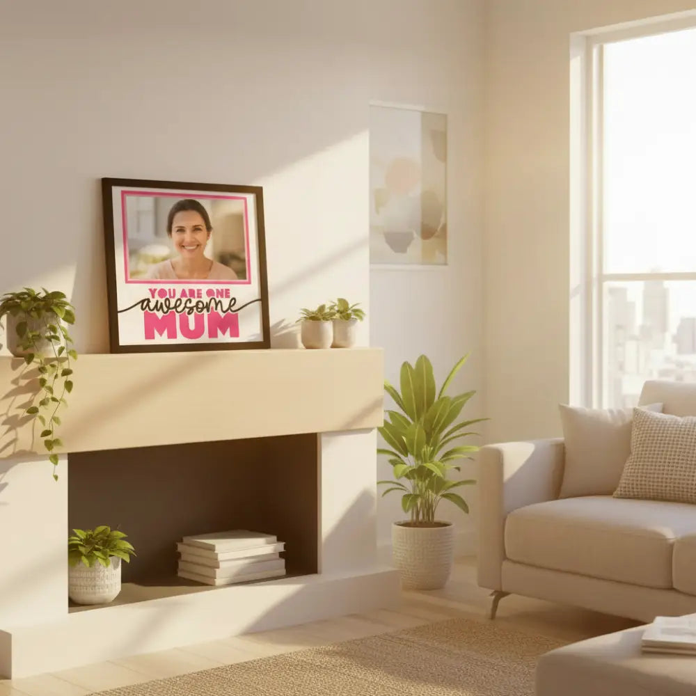 Decorative poster with 'You are one awesome mum' text and one pink frames on a white background.