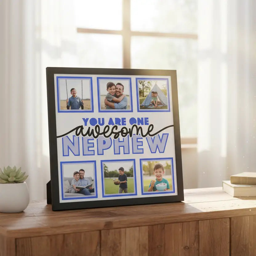 Decorative sign with text 'You are one awesome nephew' and six blue square placeholders.