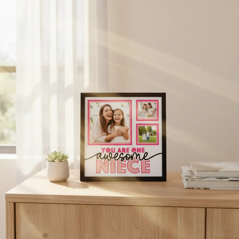 Decorative card with text 'You are one awesome niece' and pink frames on a white background.