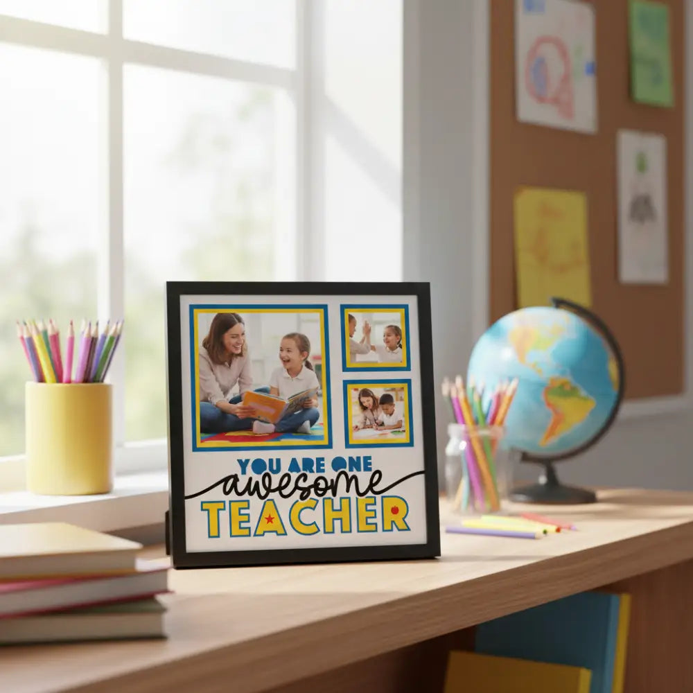 Design template with 'You are one awesome teacher' text and red, blue, and yellow frames.