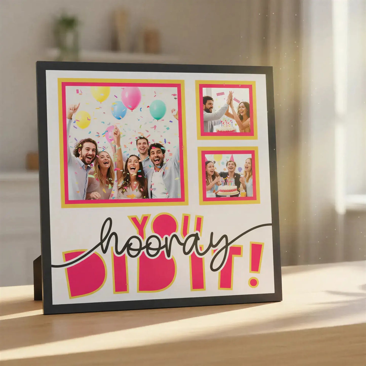 Decorative layout with 'hooray' and 'Yay!' text and pink and gold frames on a white background.