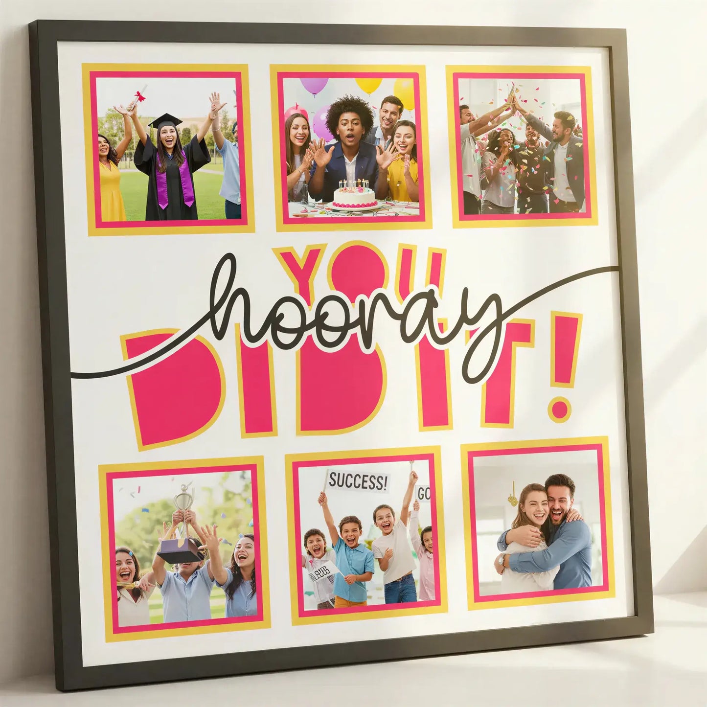  celebratory graphic with 'hooray' and 'you did it!' text on a white background